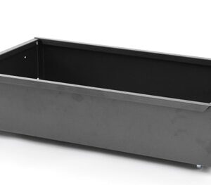 White sliding drawer for storage under gondola base shelf, dimensions 900mm x 450mm. Ideal for retail shelving.