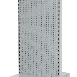 White double-sided 600mm narrow aisle gondola with 300mm base shelf and 1500mm add-on bay, retail shelving unit