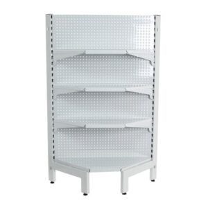Durable metal corner shelving unit for storage, perfect for warehouses or garages, maximising space efficiently.