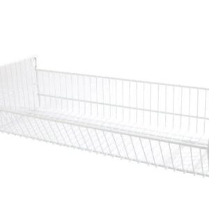 White folding wire basket with brackets, ideal for storage and organisation. Size 600x300mm. Durable and versatile.