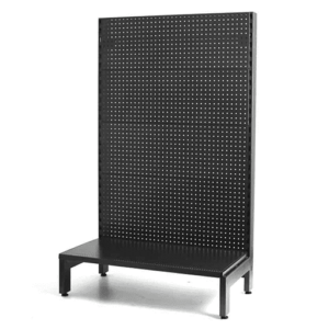Black SS Gondola shelving unit for retail stores, industrial-grade, space-efficient design, 300x300 mm.