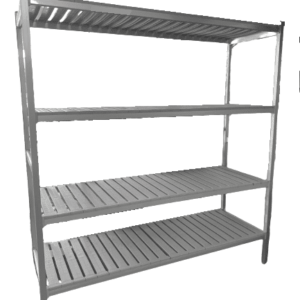 Durable cool room shelving unit for storage in commercial or industrial settings with adjustable metal shelves.