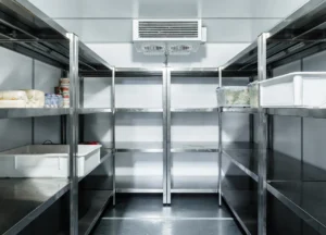 Sturdy coolroom shelving in a compact commercial storage space, ideal for optimising food storage in Australia.
