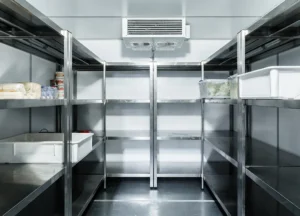 Coolroom shelving with temperature-sensitive products, designed for a refrigerated storage environment.