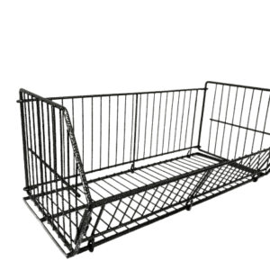 Folding wire basket with brackets in hammertone finish, ideal for storage; measures 600x300mm, sturdy and versatile.