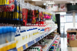 Variety of scissors and glue bottles neatly arranged on rack with school supplies background for classroom or office.